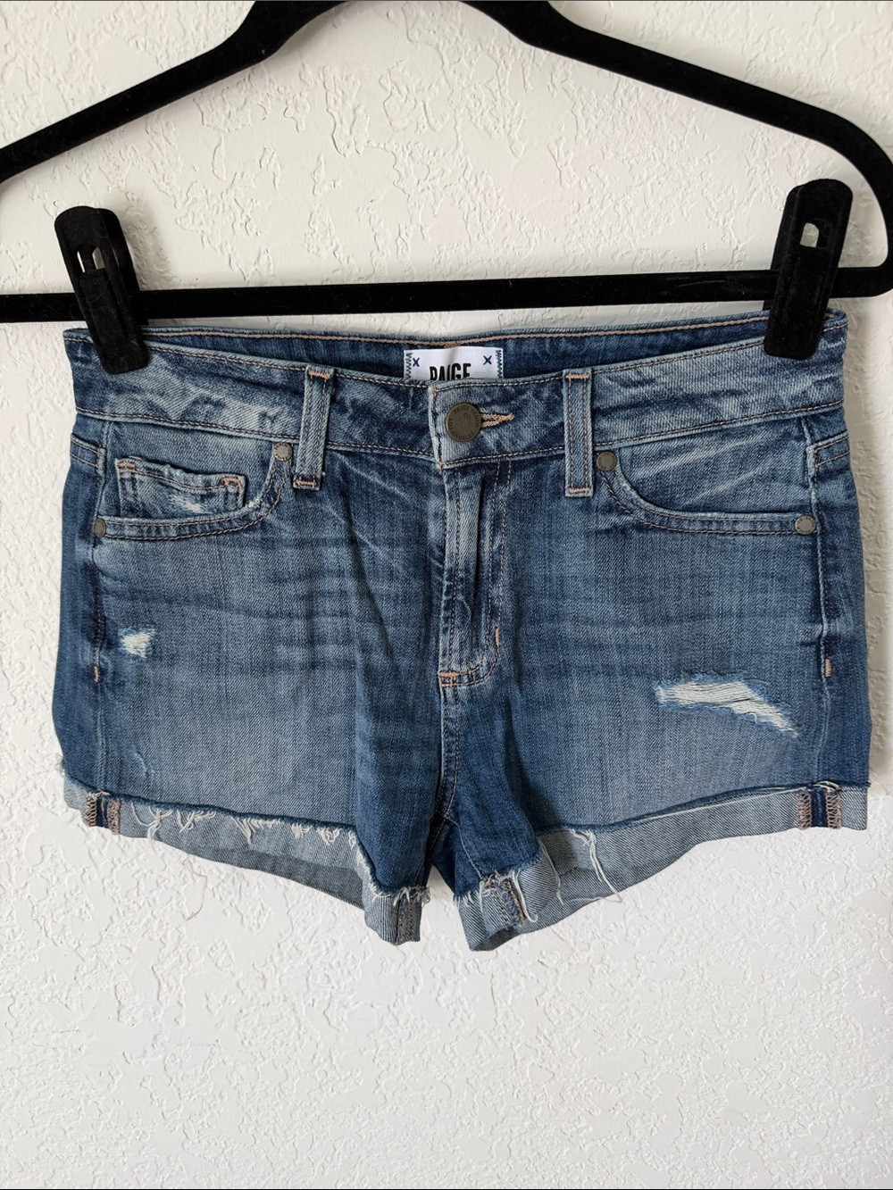 PAIGE Light Blue Distressed Denim Cutoff Shorts